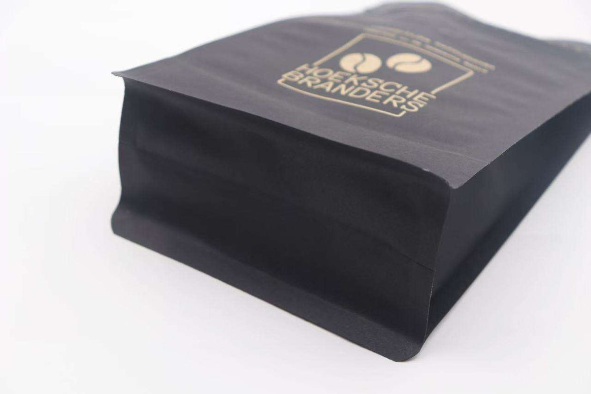 Recyclable Black Kraft Paper Box Bottom Coffee Bag with Zipper Top and Valve ECO-friendly Hot Stamp Logo for Chocolate Storage