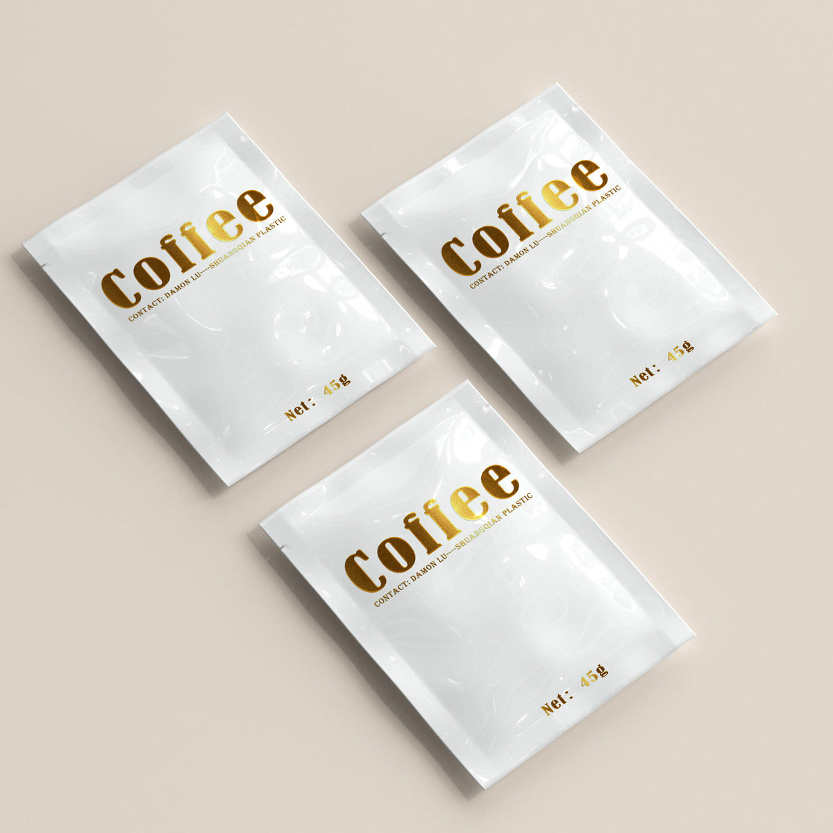 Custom printed gold foil heat stamp coffee and tea sachets, 3-side sealed small mylar bags