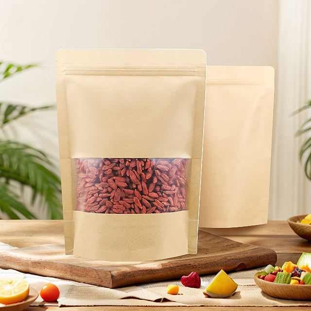 Eco-friendly plastic stand-up seal tea bag packaging, laminated kraft paper bag with window zipper