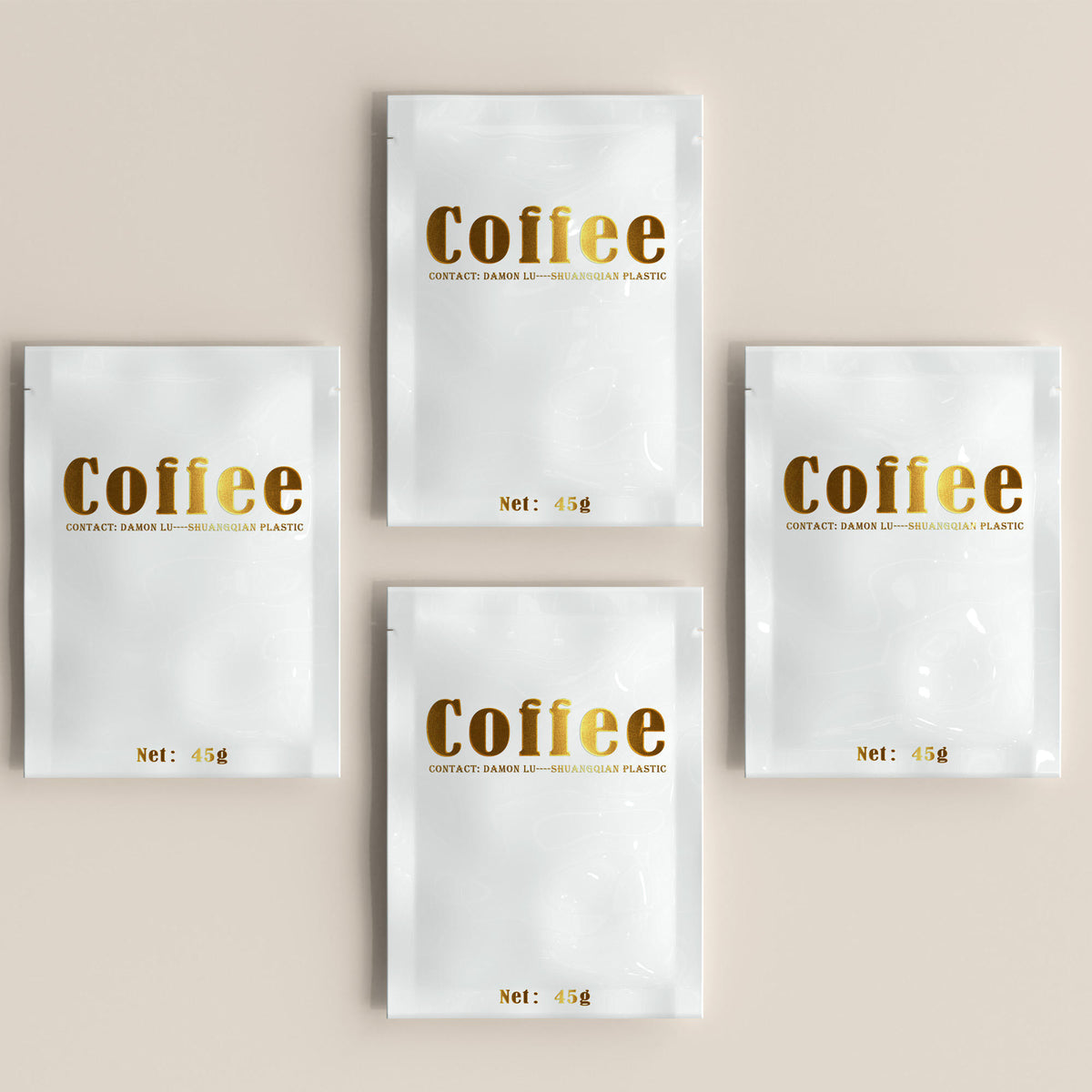 Custom printed gold foil heat stamp coffee and tea sachets, 3-side sealed small mylar bags