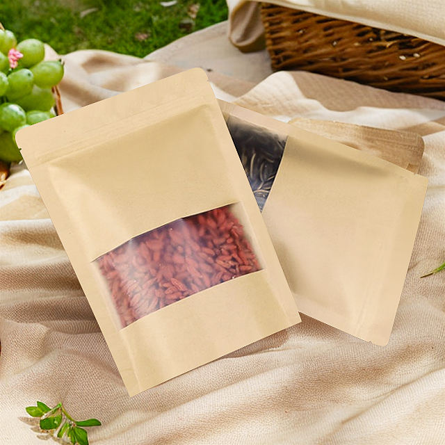 Eco-friendly plastic stand-up seal tea bag packaging, laminated kraft paper bag with window zipper