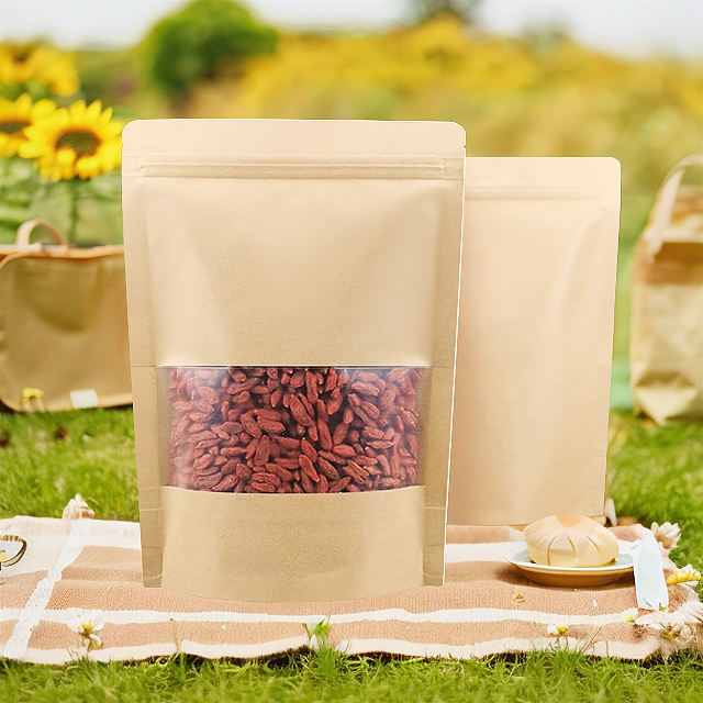 Eco-friendly plastic stand-up seal tea bag packaging, laminated kraft paper bag with window zipper