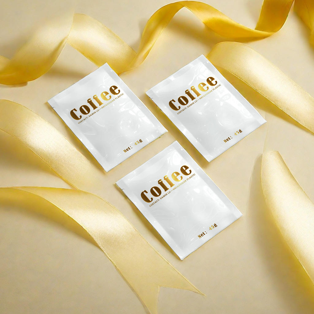 Custom printed gold foil heat stamp coffee and tea sachets, 3-side sealed small mylar bags