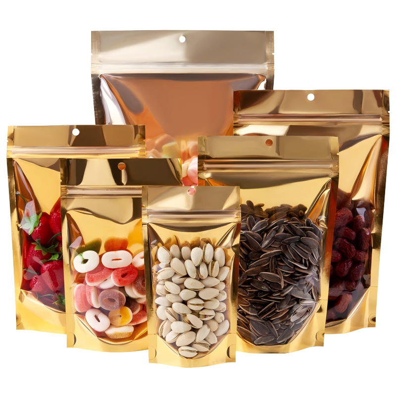 Stand up pouch with golden side and transparent side